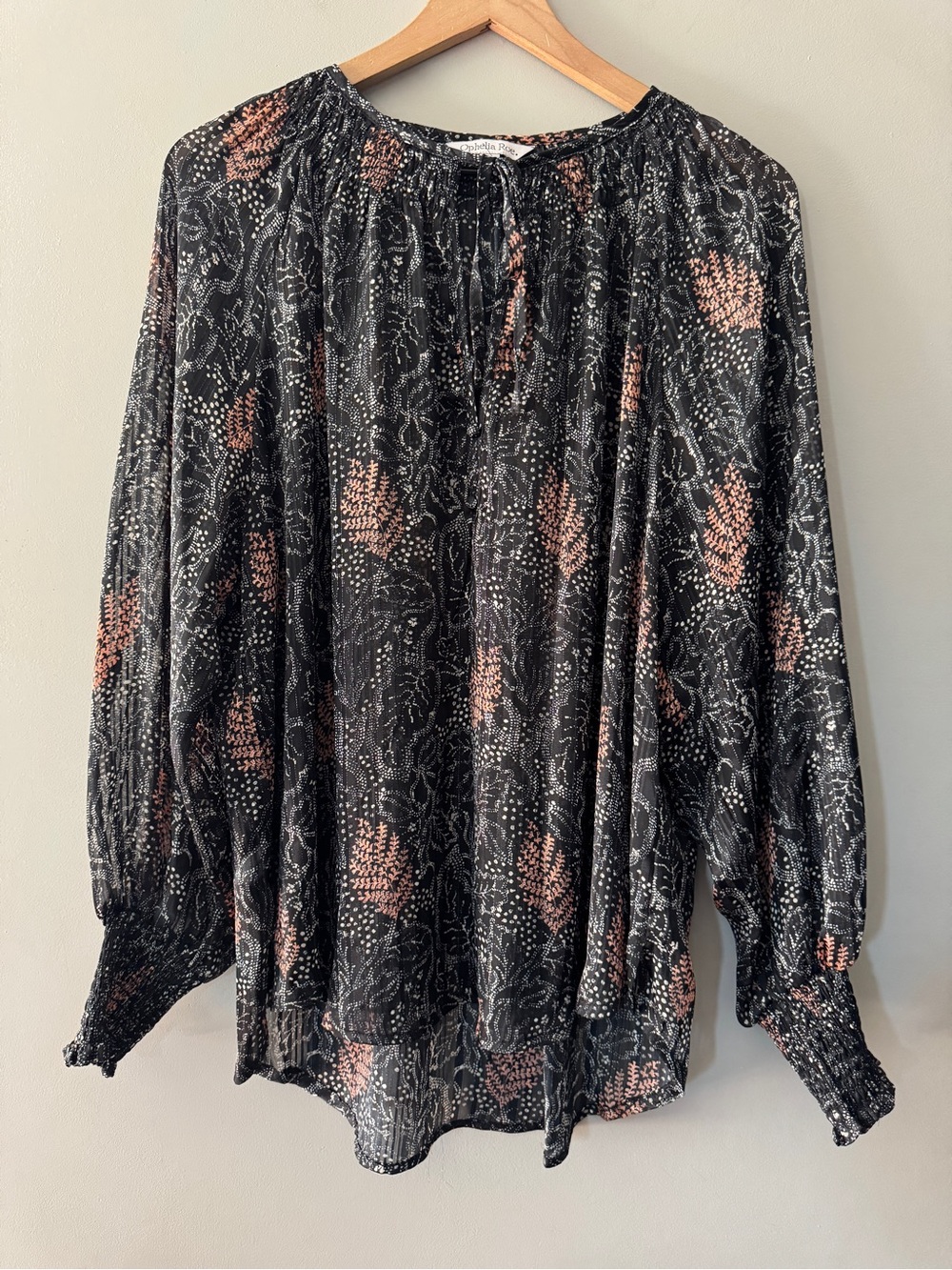 Ophelia Roe | Black Floral Pintuck Peasant Blouse with Blush Accents | XL
